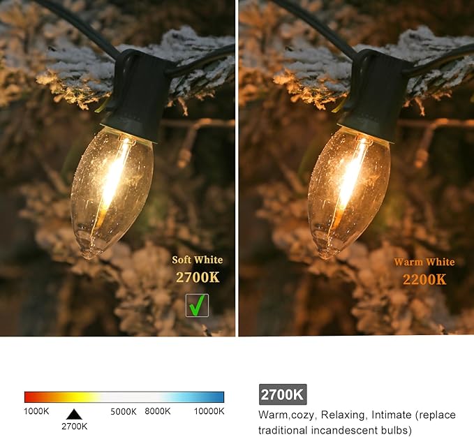 50 Pack C9 LED Replacement Christmas Light Bulbs, Soft White 2700K Waterproof Shatterproof Outdoor String Lights Vintage LED Filament Bulb, E17 Base, Commercial Grade Holiday Decoration Bulbs