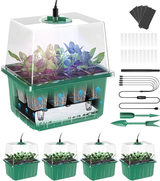 Seed Starter Tray, 60-Cells Seedling Starter Trays with Grow Light, Self-Watering Seed Germination Kit for Indoor Gardening Seed Starting (5 Pack, Green Base)