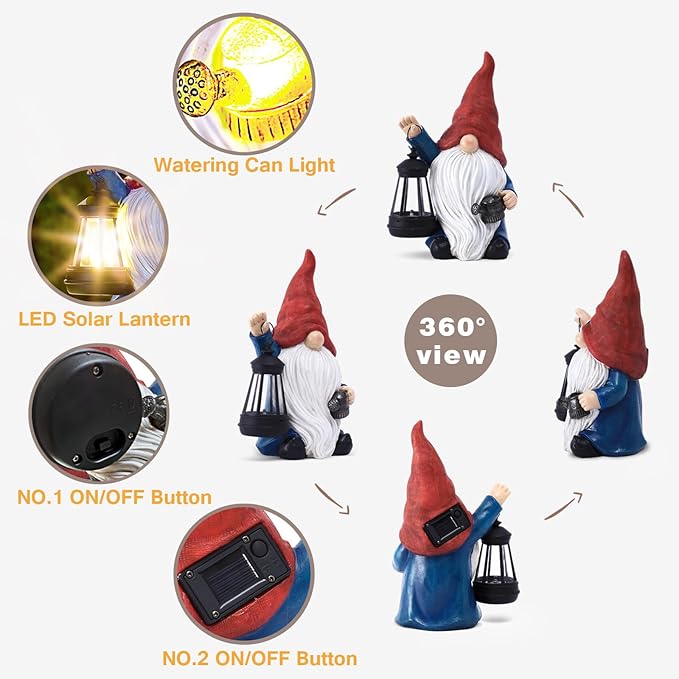 Solar Garden Gnome Christmas Gnome Outdoor Statues Garden Decor Resin Birthday Gifts for Women Mom Art for Yard Porch Patio Lawn Yard with Watering Can Lights Lantern