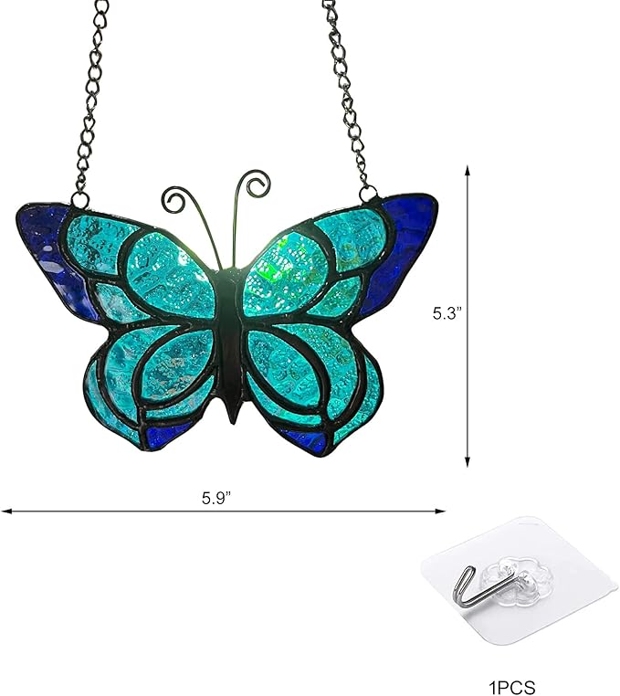 Blue Butterfly Suncatcher Stained Glass Window Hanging Panel Christmas Decor,Glass Butterfly Gift for Mom, Women 5.9×5.3Inch