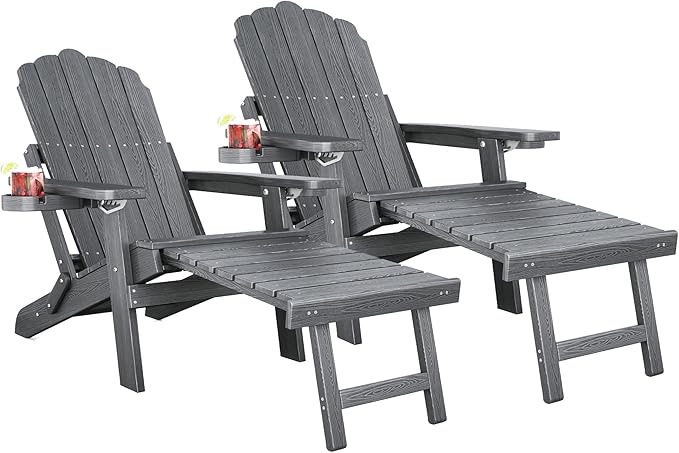 Folding Adirondack Chair Set of 2 with Adjustable Backrest, Adirondack Chair with Ottoman with 2 Cup Holders, for Outdoor Beach Garden Porch Lawn Pool Deck, Grey