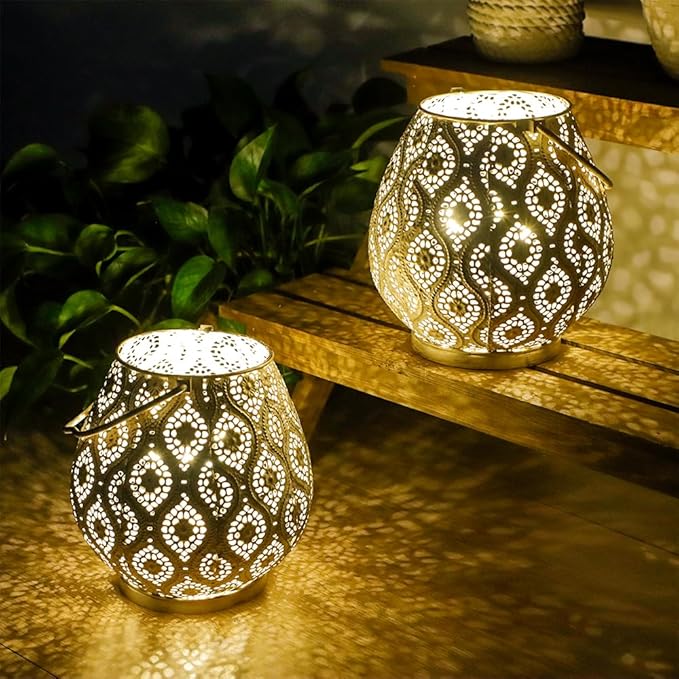 TRIROCKS Set of 2 Moroccan Decorative Lamps 8'' High Battery Powered Cordless Lamp Metal Table Lamps with Fairy Lights Bulb for Home Living Room Garden Yard Party Events Tabletop Indoor Outdoor(White)