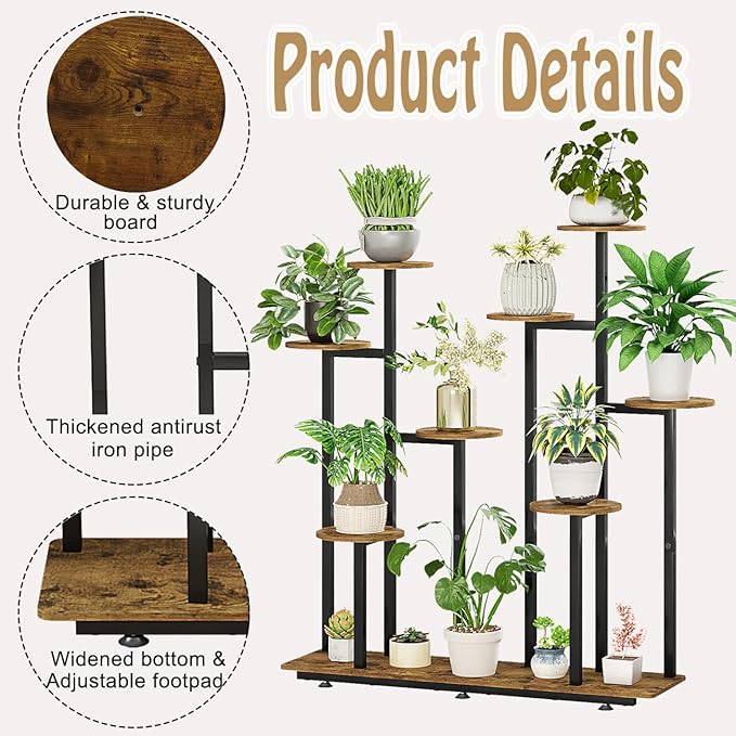 Plant Stand Indoor 9 Tier 11 Potted Multiple Flower Pot Holder for Patio Garden Balcony Living Room Corner (9 Tier Black+Rustic Brown)