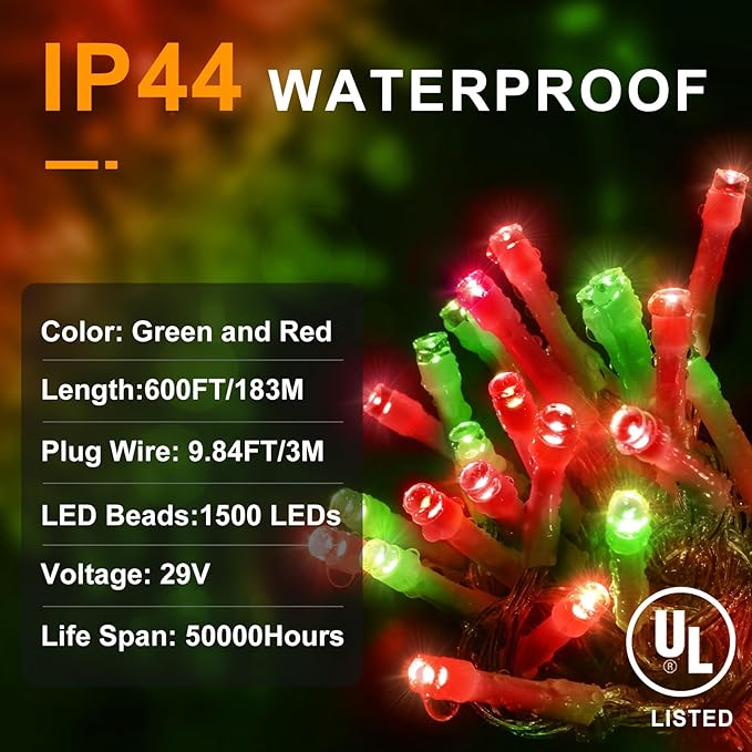 KNONEW 600ft 1500 LED String Lights Outdoor Christmas Lights 8 Modes & Timer Fairy Light Plug in Waterproof LED String Lights for Xmas Yard Tree Wedding Party Holiday Decorations (Red and Green)