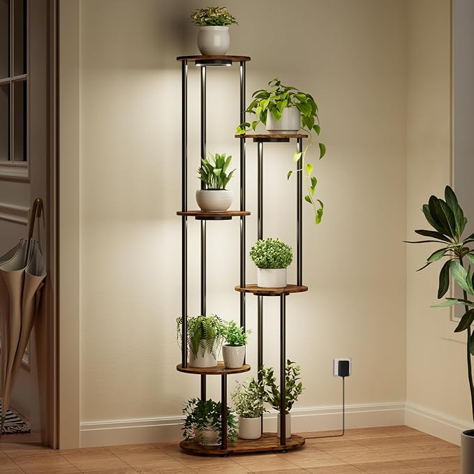Plant Stand Indoor with Grow Light, 50" High Indoor Plant Shelf, 6 Tier Flower Stand with Plant Light Full Spectrum, Metal Plant Holder with Light, Double-Row Discs Plant Rack for Home, Corner