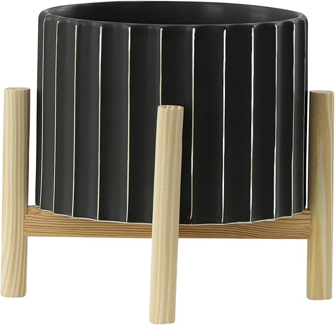 Sagebrook Home 8" Ceramic Planter - Black Planter Elevated on Wooden Stand with Fluted Design - for Indoor or Outdoor Plants, Great Gift Idea for Plant Lovers