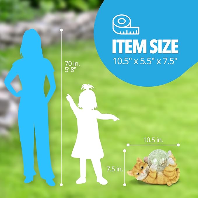 Exhart Garden Sculpture, Solar Cat Garden Statue with LED Light Crackle Ball, Outdoor Garden Decoration, 10.5 x 7.5 Inch, Multicolor, Resin