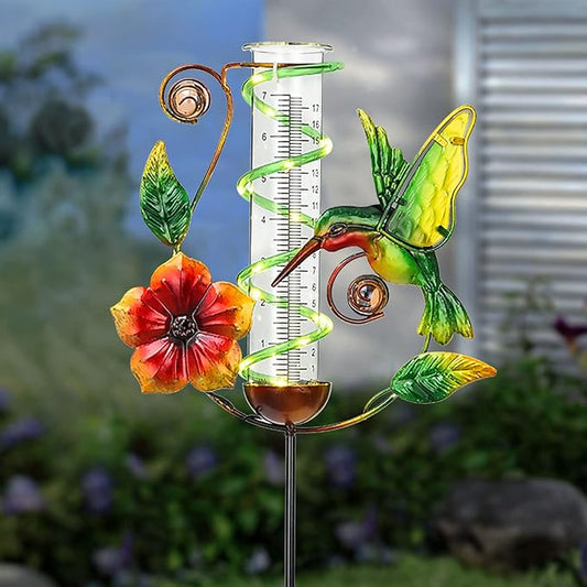 BAYN 36.3” Rain Gauge Outdoor Solar Powered 10 LEDs 7” Tube Garden Hummingbird Metal Decorative Stake with Waterproof Large Glass Tube Rain Guage for Yard, Garden, Patio, Lawn