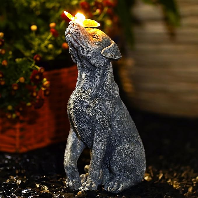Solar Garden Statue Dog Figurine – Outdoor Decoration with Butterfly for Garden Yard Lawn Home Decor Outside : Unique Gifts for Mom Grandma