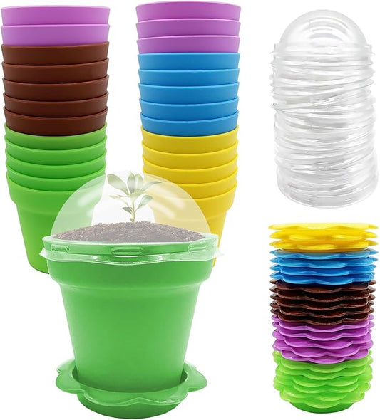 25 Packs Cupcake Plant Nursery Pots with Humidity Dome-Small Flower Pots for Kids-Planting Containers Cups for Indoor Outdoor Plant Succulent Display (Mixed Color)
