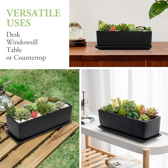 MyGift Matte Black Ceramic Indoor Plant Pot Succulent Planter, Decorative Flower Planter with Drainage Hole and Removable Tray (14 inch - 2 Pack)