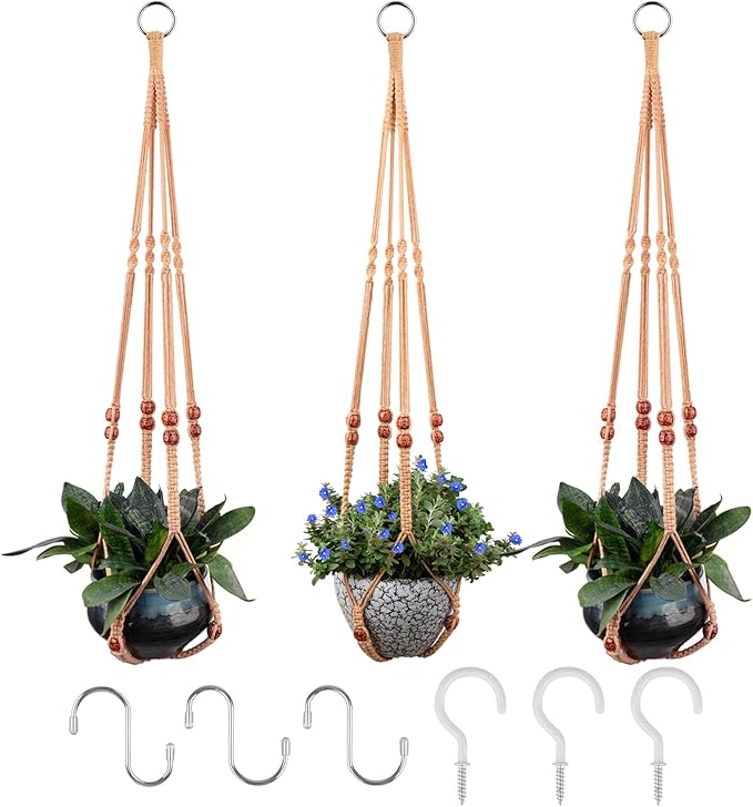 RIFNY Macrame Plant Hanger for 5 to 10 Inch Plant Pots, 35 Inch Woven Rope Hanger Kits with Hooks and Wood Beads, Hanging Planter Basket for Indoor Boho Home Decor (Brown, 3 Pack)