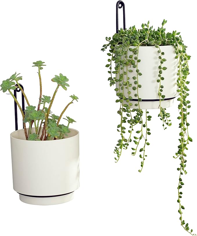 Wall Mounted Hanging Planter Vase & Geometric Wall Decor Polypropylene Container - Dia.5.91" - Sylinder Shape, White, Set of 2
