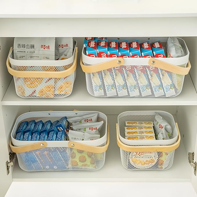 Portable Mesh Harvest Basket - Natural Bamboo Handle Foldable Organizer for Kitchen, Garden & Picnic | Ventilated Storage Bin with Rust-Proof Wire, Space-Saving Farmhouse Decor (Lemon Yellow)