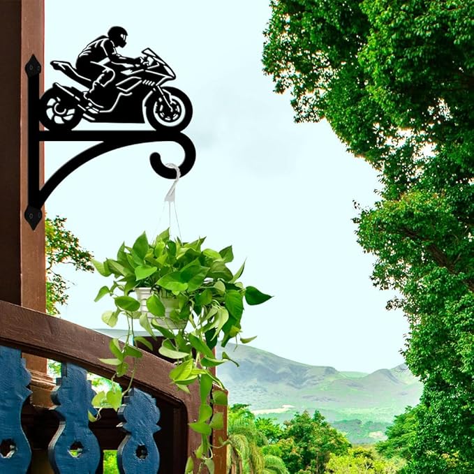 peacoblue Iron Plant Hangers Hooks for Outdoor Indoor Hanging Plants Flower Fern Pots Lantern Bird Feeder,11.8"x15.1" Weather Resistant Metal Wall Holder for Porch Garden Farmhouse(Motorcycle)