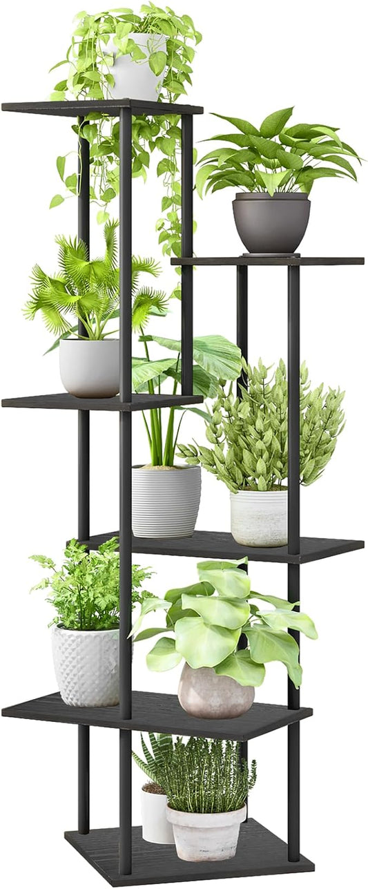 Plant Stand Indoor 6-Tier Metal Wood Plant Shelf for Multiple Flower Pots Corner Tall Flower Holders for Living Room Balcony Bedroom, Black