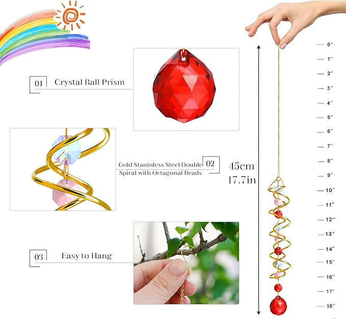 H&D HYALINE & DORA 17.7in Crystal Suncatcher Gazing Ball Spiral Tail,Wind Spinner Sun Catcher with Octagonal Beads,Sun Catchers Window Hanging for Outdoor Garden Decor