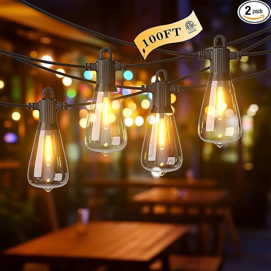 FOOMAN LED Outdoor String Lights, 100FT Outside Waterproof Patio Lights with 50+3 Shatterproof ST38 Edison Bulbs, 2700K Warm White Hanging Light, Dimmable Light for Back Yard Porch Party Gezebo