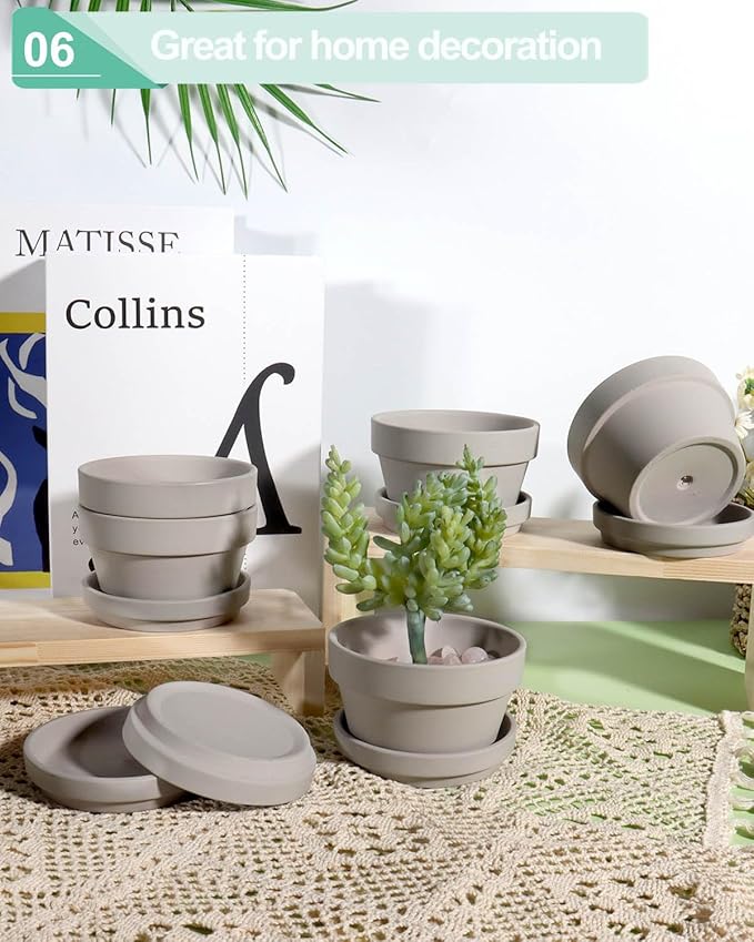 vensovo 5.7 Inch Grey Terracotta Shallow Succulent Pots - 6 Pack Terra Cotta Clay Pot with Saucer, Cacuts Indoor and Outdoor Planters with Drainage Hole