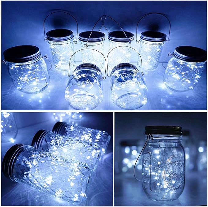 SunKite Solar Mason Jar Lights [Updated], 8 Pack 20 LED Waterproof Fairy Firefly Jar Lids String Lights with Hangers(NO Jars), Patio Yard Garden Wedding Decoration - Cool White