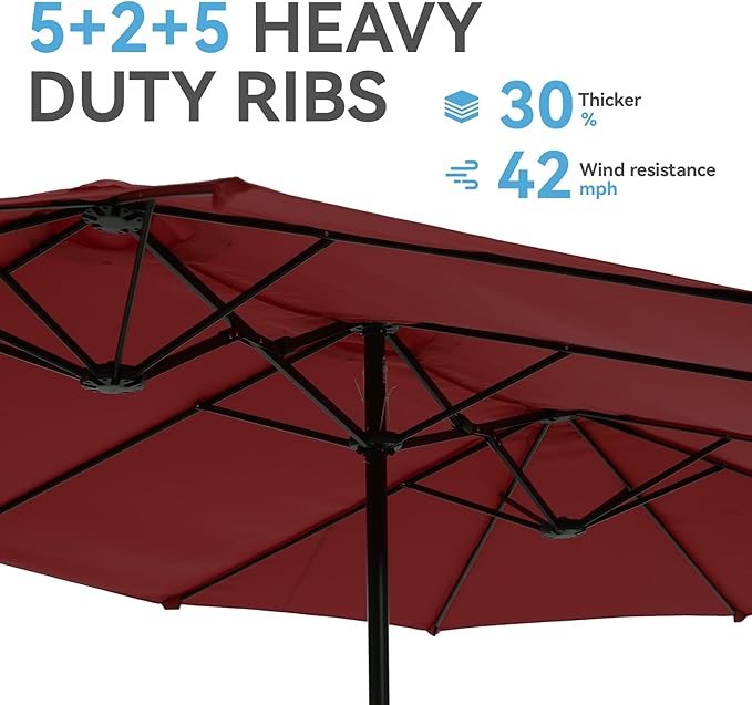 GREEN PARTY 15 ft Rectangle Patio Umbrella with Base Included, Double-Sided Table Umbrella with Crank, Large Outdoor Umbrellas for Patio Poolside Garden Backyard, Burgundy Red