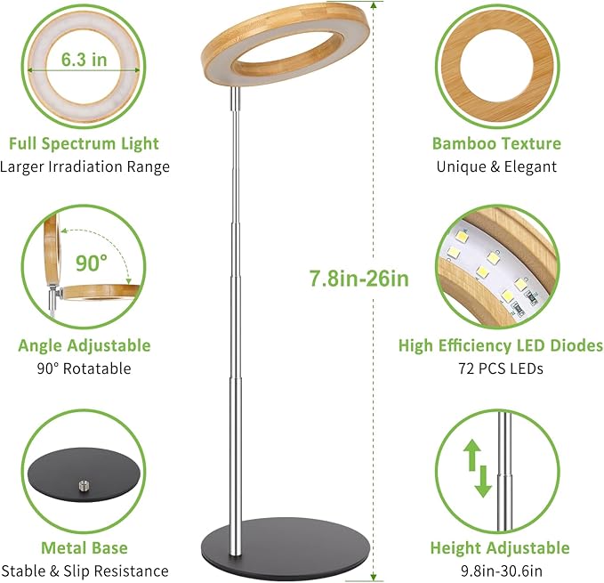 LORDEM Bamboo Grow Light for Indoor Plants, Full Spectrum Plant Light for Indoor Growing, Desk LED Grow Lamp with Auto On/Off Timer for 4H/8H/12H, 4 Dimmable Levels, Height Adjustable, 2 Pack