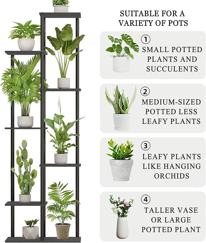 Plant Stand Indoor 7 Tier 8 Potted Metal Wood Plant Shelf, Multiple Flower Pots Corner Tall Plant Holder Stands for Living Room Balcony Bedroom, Black