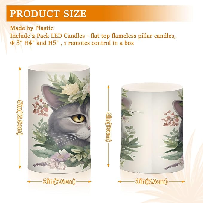 Flickering Flameless Candles, Cat Head Flowers LED Candles with Remote Timer, Set of 2 Battery Operated Candle for Valentine Wedding Birthday