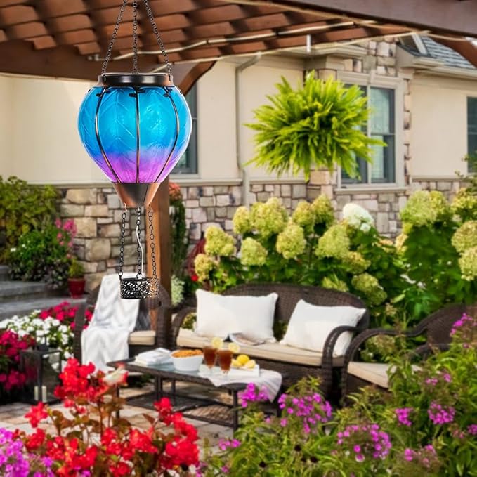 Starsoul Hot Air Balloon Solar Lantern with Candle Holder Glass Solar Hot Air Balloon Lantern with Flame Solar Hanging Hot Air Balloons Decorative for Lawn Porch Tree Yard