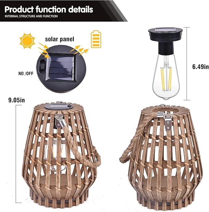 Solar Hanging Lantern Outdoor , Waterproof Natural Bamboo Lanterns with Handle Edison Bulb Design Solar Table Lamp Lights Decoration for Courtyard Patio Garden Farmhouse