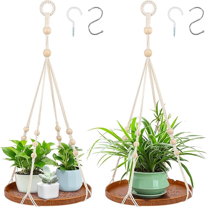 SUREAM 2 Packs Hanging Planters Holder, Hanging Plant shelf with Wood Beads and Wood Tray for Indoor Outdoor Boho Home Decor, Ceiling Plant Hangers for Garden, Wall, Porch, Patio, Balcony, and Window