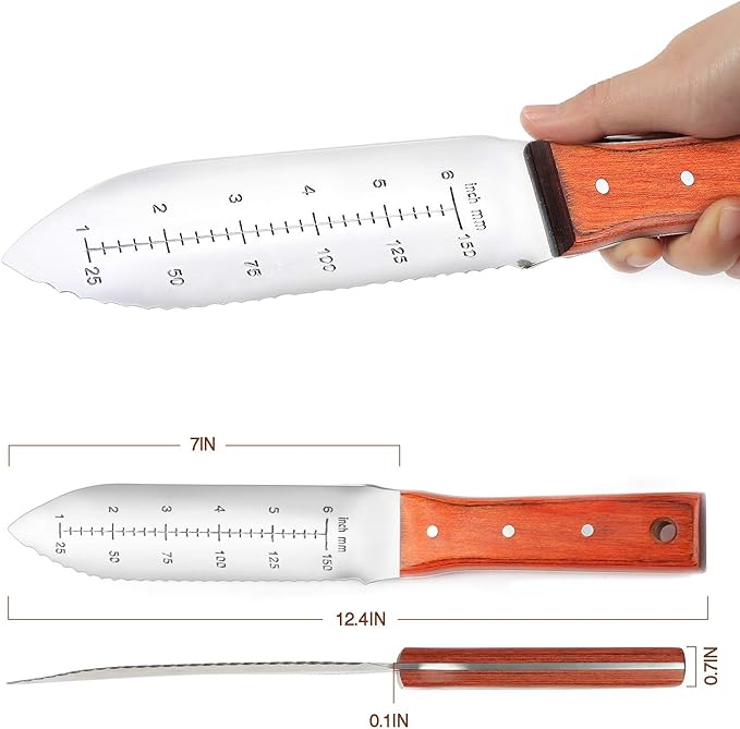 HAUSHOF Hori Hori Garden Knife 7”Stainless Steel Serrated Blade with Cutting Edge, Gardening Tool with Leather Sheath for Weeding, Planting, Digging, Wood Handle with Hanging Hole