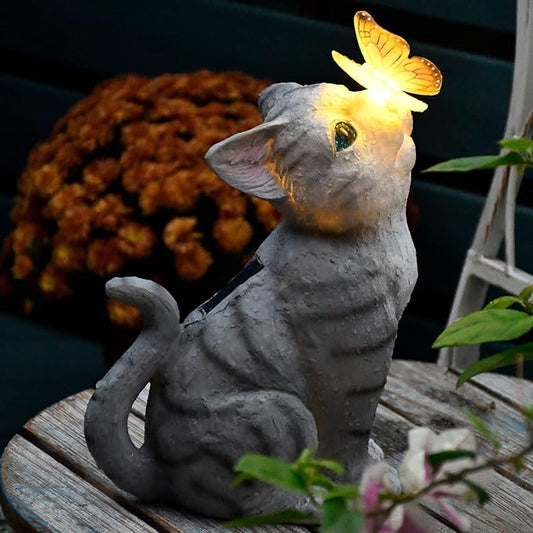 Cat Garden Figurines Outdoor Decor Solar Statue with LED Lights for Patio Lawn Yard Art Decoration Housewarming Garden Gift