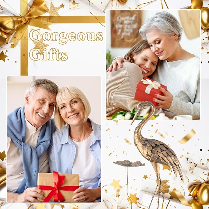 Large Heron Garden Statue, 42'' Crane Outdoor Statue with Birdbath, Crane Metal Yard Art for Porch Backyard Patio Lawn Decor (Golden)