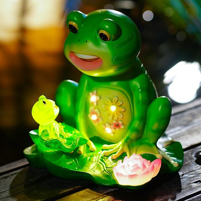 Upgraded Size Solar Garden Outdoor Statues Frog Mother and Little Frog with 6 LED Solar Figurine for Lawn,Patio, Balcony, Yard Decor Unique Gift, for Mom, Grandma,Father,Woman