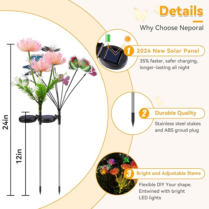 Neporal 4PK Solar Garden Lights Outdoor, Solar Flower Lights + Multi-Color Solar Butterfly Lights Outdoor, Swaying Solar Yard Decorations for Outdoor, IP65 Waterproof (Glowing Flowers, 4, Count)