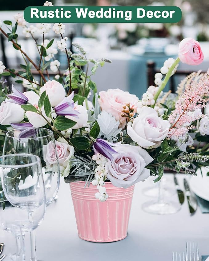 vensovo 5 Inches Pink Metal Rustic Flower Pots - 6 Pcs Small Galvanized Planters with Drainage Hole and Rubber Plug, Rustproof Tin Bucket Plant Pot Farmhouse Vintage Style for Decor