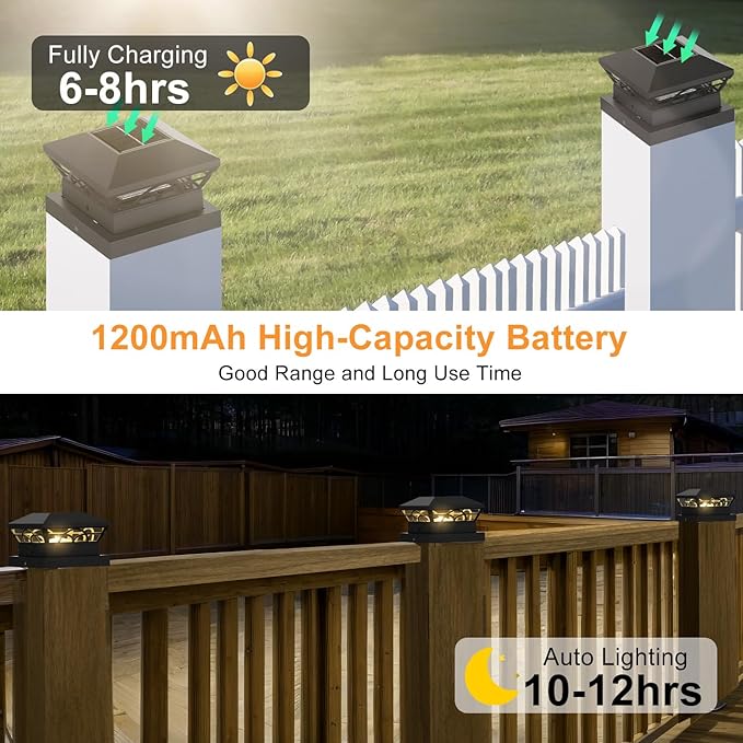 T-SUN Solar Powered Post Cap Lights Outdoor Waterproof for 4x4/5x5/6x6 Wooden/Vinyl Fences - Adjustable Warm/Cool White Modes for Deck, Mailbox, Garden, Porch, Patio, and Decorative Accents (6 Pack)