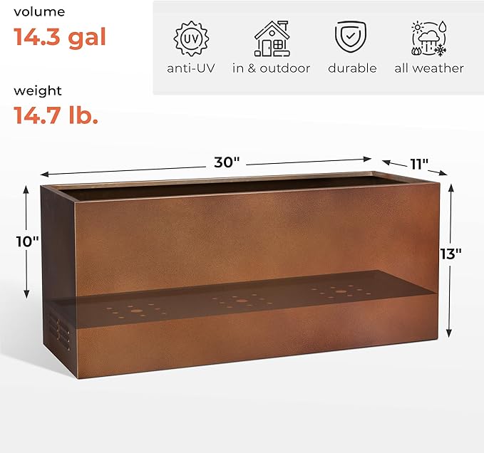 Worth Garden Metal Planter Box - 30" L x 11" W x 13" H Matte Bronze Heavy Duty Large Rectangular Steel Modern Plant Pot, Indoor Outdoor - Insert Plate with Drain Holes, Air Vents, No Assembly Required