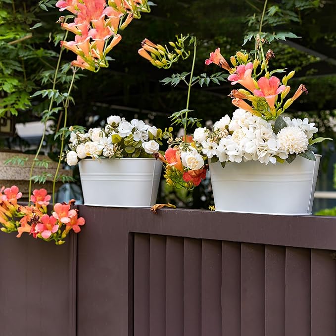 5 Pack Metal Hanging Flower Pots for Railing Fence，Outdoor Balcony Rail Planter with Garden Tools Detachable Hooks Drainage Holes for Deck Garden Home Decor White