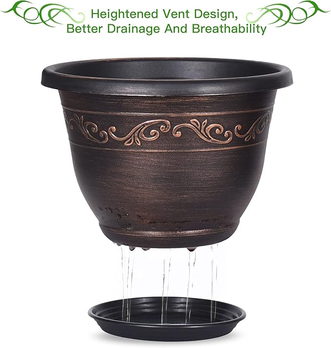 Plastic-Plant-Flower-Planters-14 Inch with Drainage Hole & Saucer, 3 Packs Lightweight Large Resin Flower Pot Indoor Outdoor, Retro Antique Imitation Decorative Garden Containers Sets for Houseplants