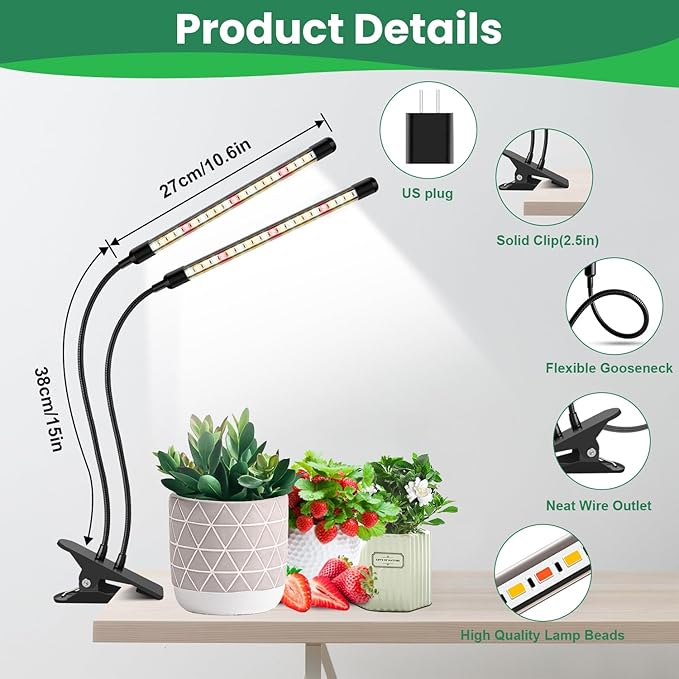 Garpsen Grow Lights for Indoor Plants, 2 Heads Full Spectrum LED Plant Grow Lights, 40 LEDs Clip on Plant Light for Small Plants with Auto on/Off Timer Setting(6/12/16H), 5 Level Dimmable