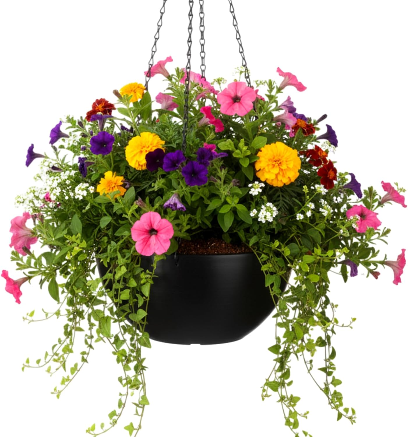 10 Inch Recycled Based Composite Hanging Planters for Indoor Outdoor Plants with Drainage Holes and Chain Round Hanging Flower Pot Planter for Garden Home Porch Decor, Black