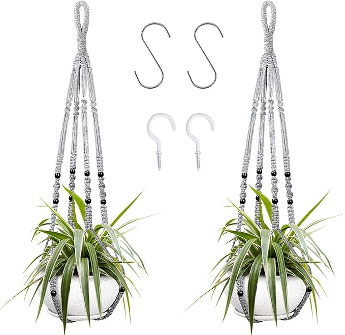 Augshy 2 Packs Macrame Hanging Planter, Indoor Hanging Planter Basket with Wood Beads Decorative Macrame Pot Hanger for Home Decor (Grey)