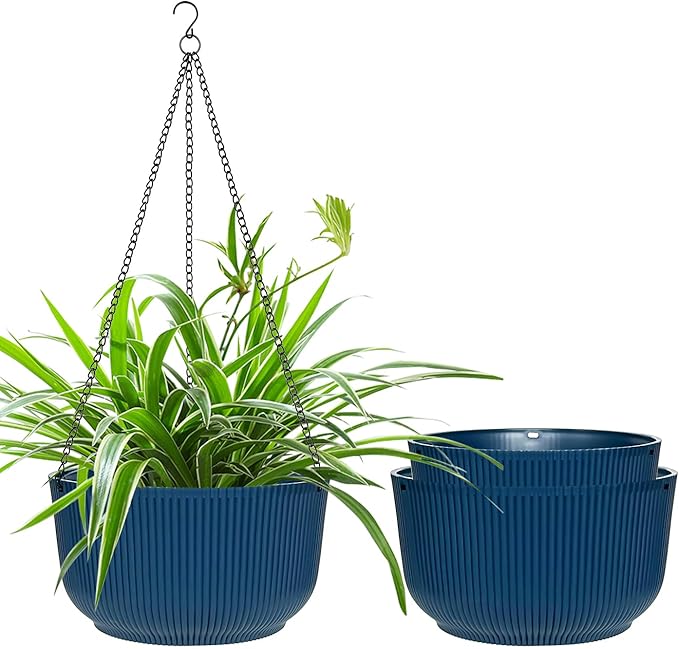 Hanging Planters for Indoor Plants 9/10/11 Inch, 3 Pack Plant Hanger Outdoor with Drainage Holes, Self Watering Hanging Basket Flower Pot for Garden Home Decor, Dark Blue