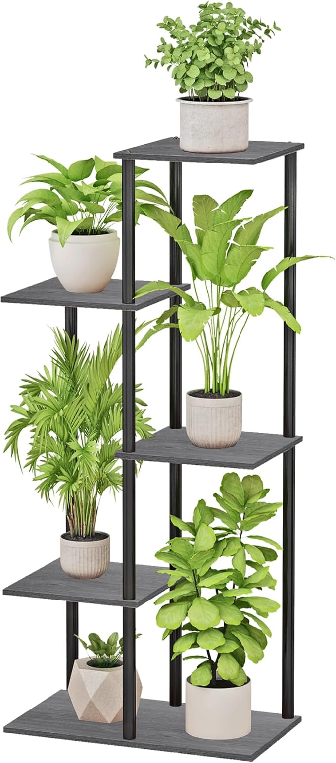Plant Stand Indoor 5 Tier 6 Potted Metal Wood Plant Shelf, Multiple Flower Pots Corner Tall Plant Holder Stands for Living Room Balcony Bedroom, Oak Grey