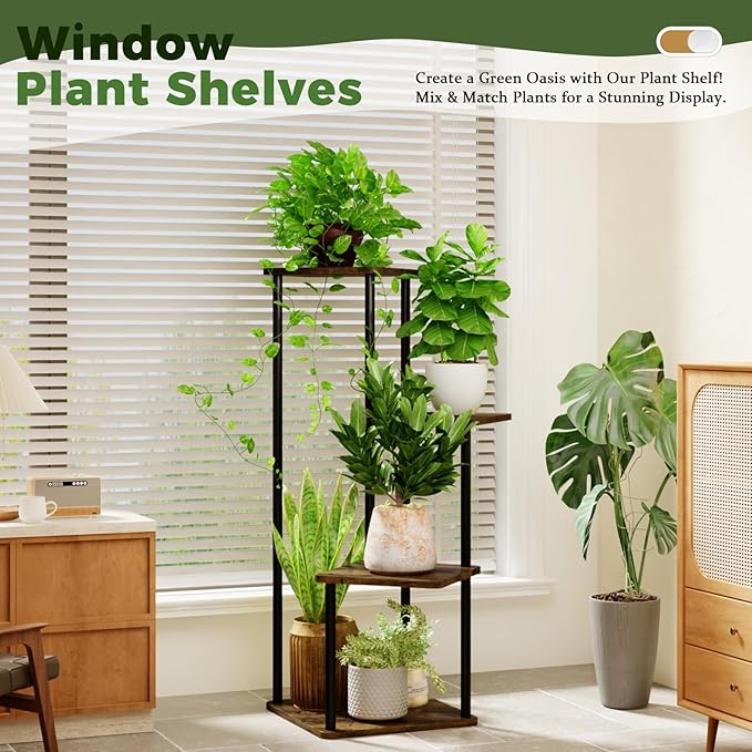 4 Tiered Plant Stand Indoor Corner Plant Shelf for Multiple Plants for Patio Garden Balcony Living Room Bedroom, Tall Metal Flower Pots Stand Relaxing for Women Gift Brown Oak