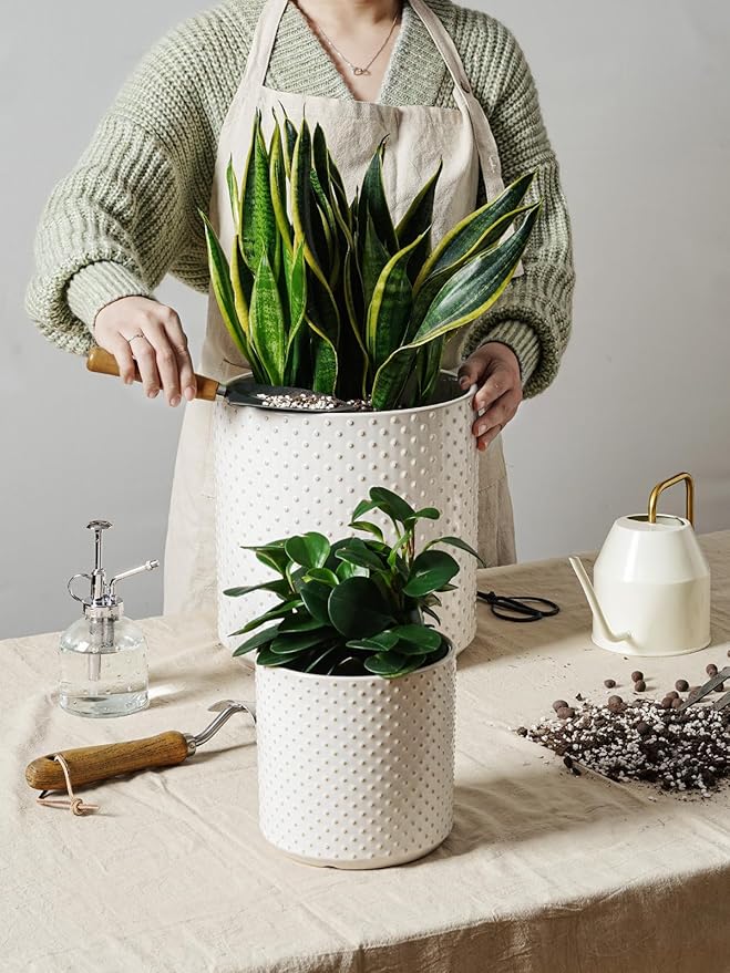 LE TAUCI Ceramic Plant Pots Indoor, 10+8+6 Inch Planters for Indoor Plants, Raised Dots Flower Pots with Drainage Hole and Plug, Cylinder Round Planters, Set of 3, Glaze Arctic White