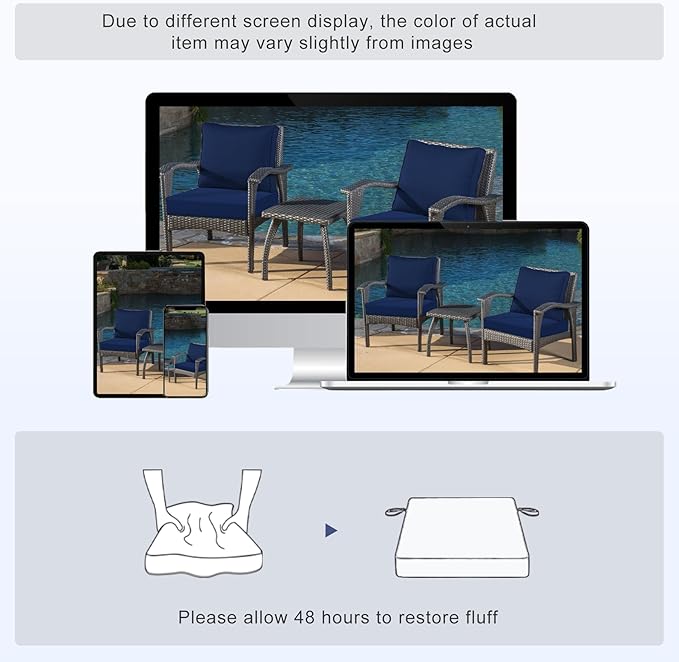 Favoyard Patio Chair Cushions 24 x 24 x 4 Inch Waterproof Outdoor Seat Cushions for Patio Furniture 3-Year Color Fastness Garden Sofa Couch Pads with Handle & Adjustable Straps Set of 2, Blue