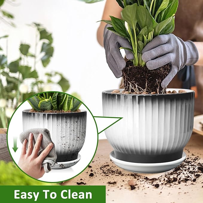8 Inch Plant Pot, Ceramic Planter with Drainage and Saucer, Ceramic Pots for Plants, Indoor Plant pots,Ceramic Flower pots(Black + White, Plants NOT Included)